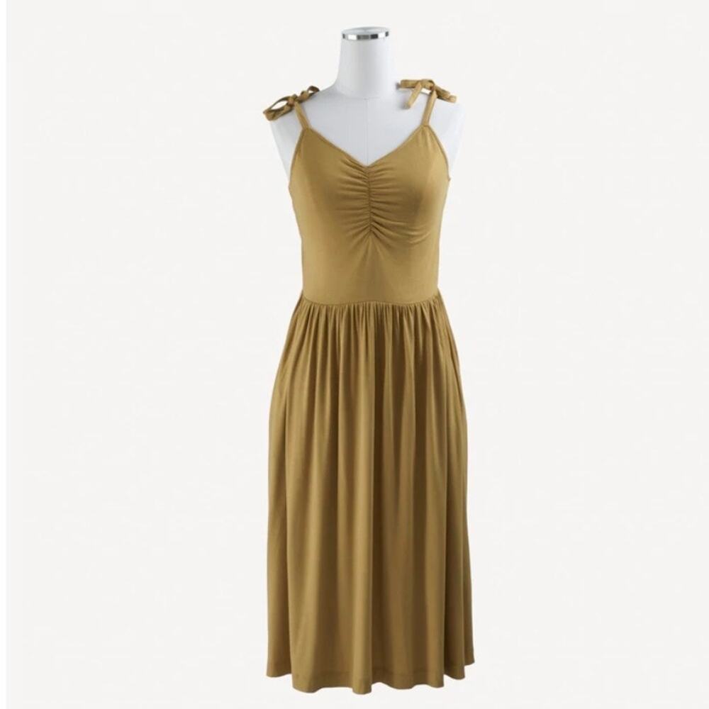 Kate Quinn Womens Square Gathered Ruched Tie Dress Bamboo Honey Mustard Size XS
